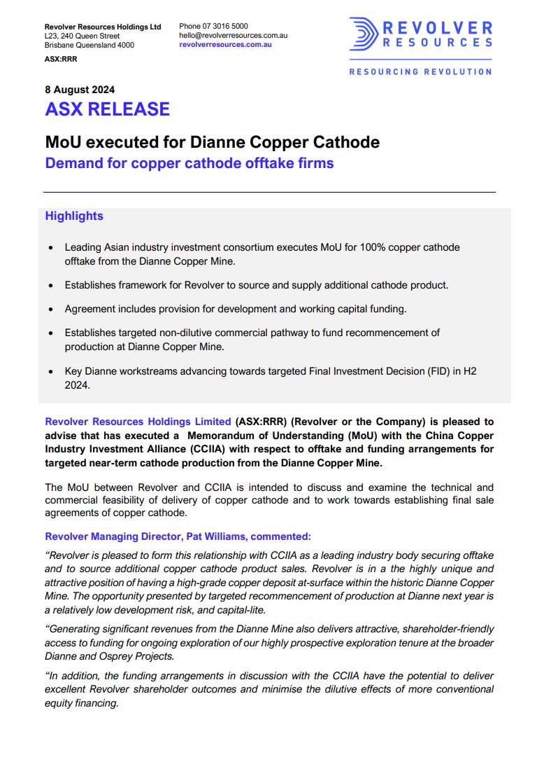 RevolverRes's tweet photo. $RRR has executed an MoU with the China Copper Industry Investment Alliance for 100% copper cathode offtake from the Dianne Copper Mine. This partnership supports non-dilutive funding and our path to production in 2025.
➡️ https://t.co/qCZvIhaQPk
$RRR #RevolverResources https://t.co/zQauSPoh9f