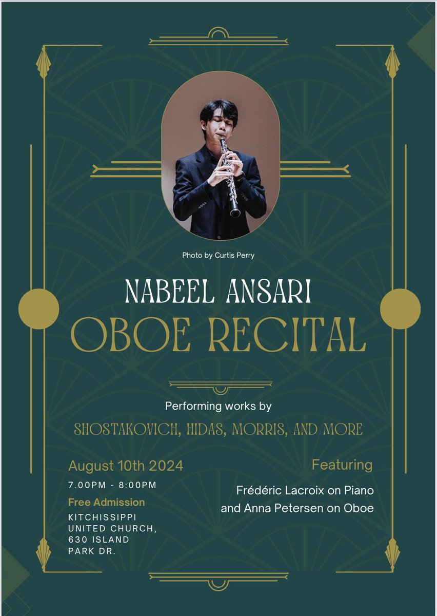 The OYOA invites you to attend a recital by 2024 alumni Nabeel Ansari with Anna Petersen and Frederic Lacroix on August 10.