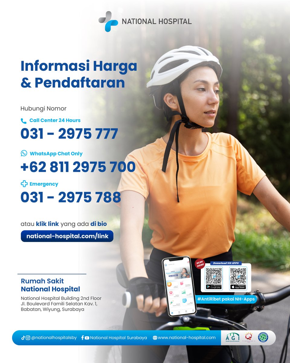 Persiapkan olahraga bersepedamu dengan baik melalui Medical Check Up sekarang juga di National Hospital. Kamu bakal mendapatkan pemeriksaan: Rontgen Lutut Kiri – Kanan, Rontgen Lumbosakral, EKG, hingga Treadmill.
#NationalHospital