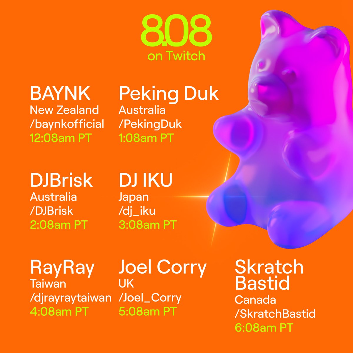 Twitch's tweet photo. 8.08 on Twitch is happening tomorrow! We’re kicking off the launch of our DJs Category with a 24 hour raid featuring DJs from around the world. From @baynkofficial to @Zedd, we’ve got a packed lineup. 

https://t.co/9AJFuU5Giy https://t.co/faIPGJ1V9q