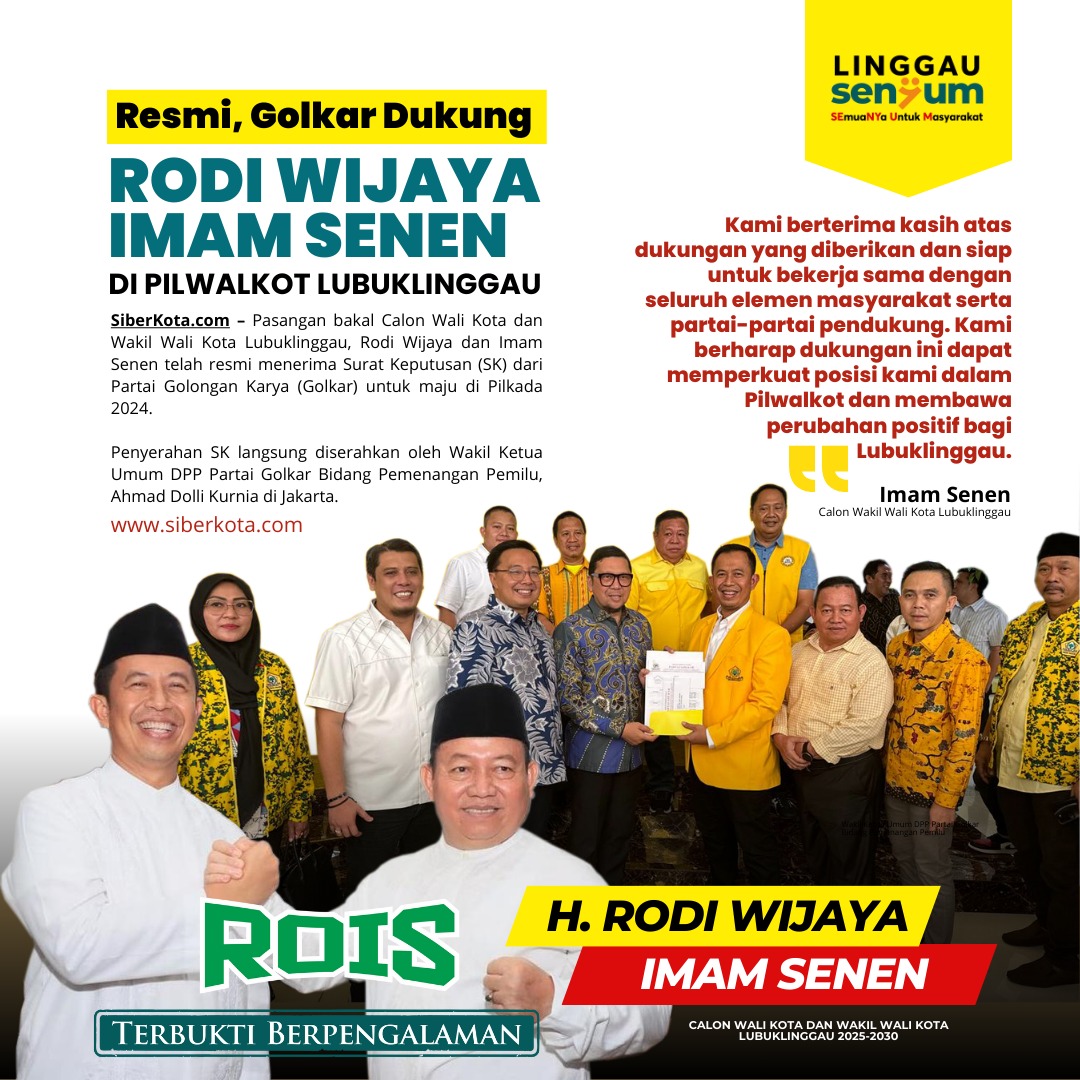 rianidiana2's tweet photo. Resmi, Golkar Dukung
RODI WIJAYA IMAM SENEN DI PILWALKOT LUBUKLINGGAU
#RodiWijaya #LinggauSenyum #CalonWalikota #Rois #HRW #LubukLinggau #HRodiWijaya #PilkadaLubukLinggau #PilwakotLubukLinggau2024
#CalonWalikotaRodiWijaya https://t.co/UBnaY06qIM