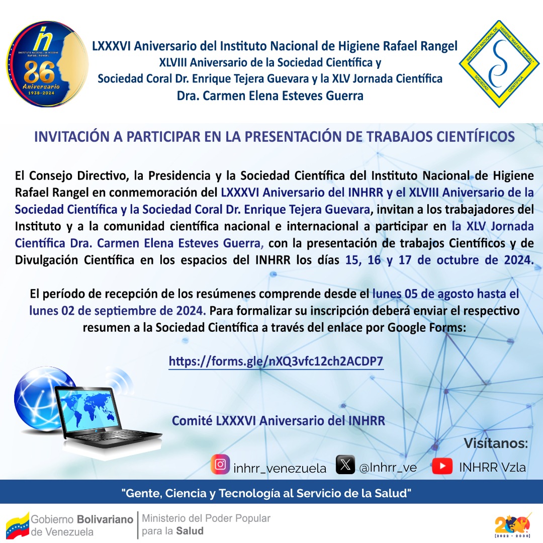86 #aniv del <a href="/Inhrr_ve/">Instituto Nacional de Higiene Rafael Rangel</a>, los 48 de la Soc. Científica y la Soc. Coral Dr. Enrique Tejera invita a todos los interesados en participar en la 45 jornada científica Dra. Carmen Elena Estévez Guerra, más información en el Post enlace goo.su/eJH75

<a href="/NicolasMaduro/">Nicolás Maduro</a>