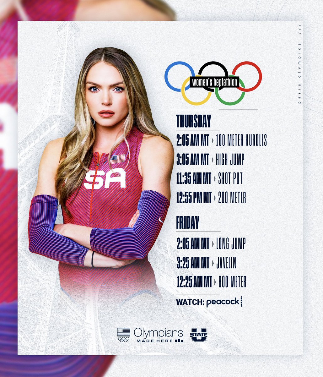 USUAthletics's tweet photo. It’s 𝐀𝐁𝐎𝐔𝐓 𝐓𝐇𝐀𝐓 𝐓𝐈𝐌𝐄!

Here’s how and when you can tune in to watch @_charihawkins compete in the Heptathlon! 

@Olympics | @USUTF_XC https://t.co/6oWzXbF1Be