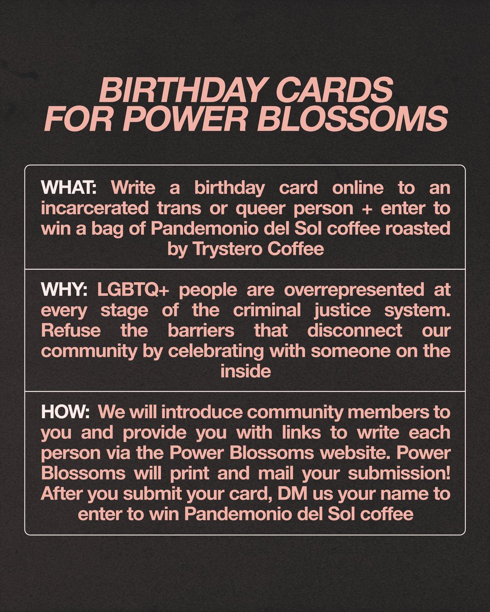 ACPandemonium's tweet photo. Join us in writing birthday cards to incarcerated trans and queer folks with Power Blossoms!

Get your cards in before 8.24🗓️

Find profiles for folks you can write cards to within the thread below over the course of the next two weeks!🧵 https://t.co/E9lcBIIb4y