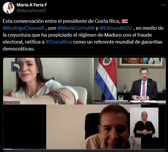 VPITV's tweet photo. #AHORA | Presidente de Costa Rica, Rodrigo Chaves Robles, reiteró su apoyo a Edmundo González Urrutia en un diálogo transmitido en vivo donde también participó la líder opositora María Corina Machado.

El reconocimiento del triunfo de González por parte del mandatario costarricense se suma a la presión internacional que han ejercido otras naciones para exigir claridad en las elecciones del #28J