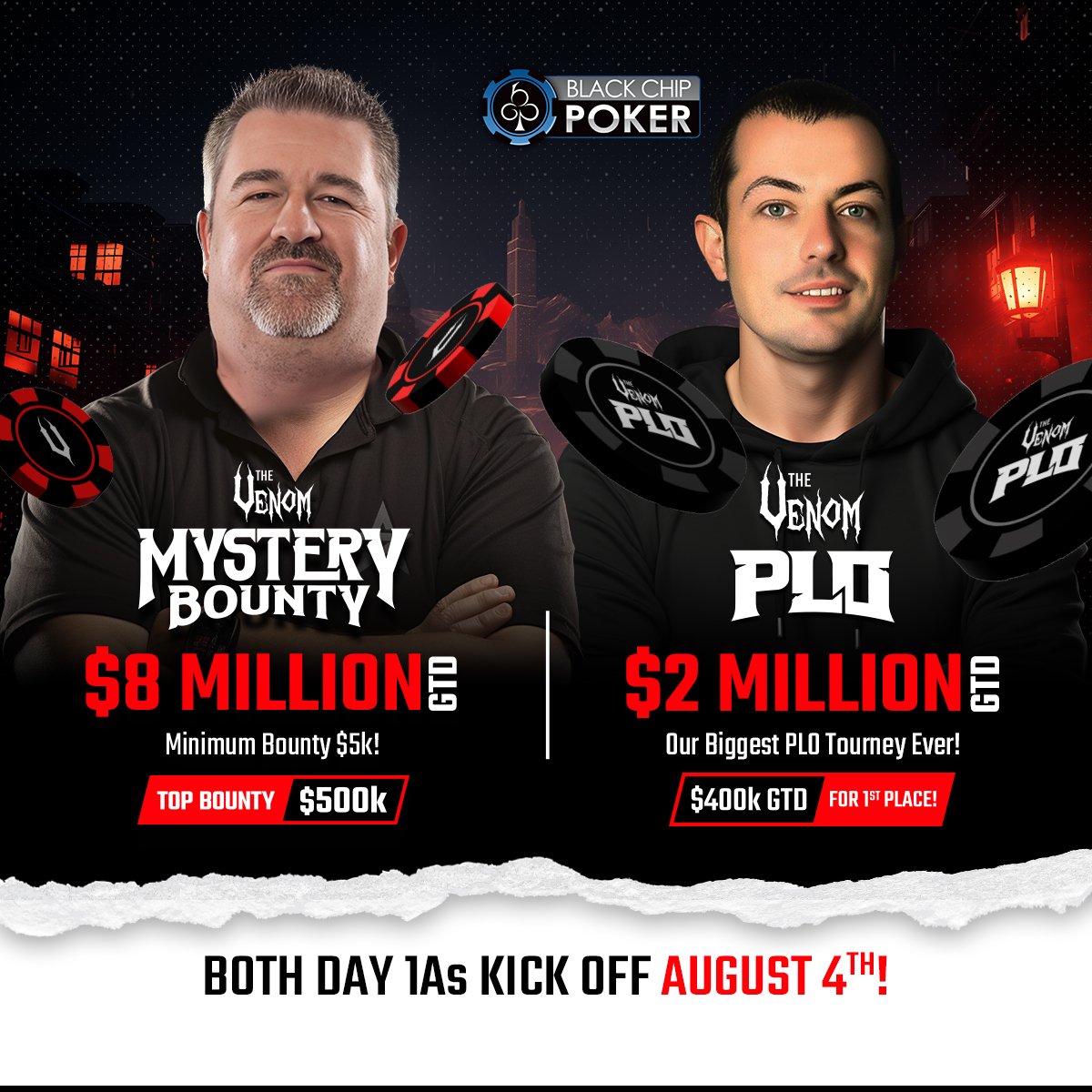 There are just four Day 1 options remaining for Black Chip Poker’s $8 Million Mystery Bounty Venom and $2 Million PLO Venom tourneys! Discover how you can get your $2,650 seats for next to nothing and be part of poker history.
tinyurl.com/mpchjec6
