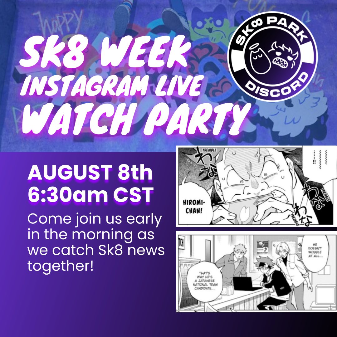 sk8parkdiscord's tweet photo. If you’re crazy (about Sk8 of course) like we are, then feel free to join us as we watch the SK8 IG live together in server! 🫶🏼 🔗to our community in our bio! #SK8THEINFINITY https://t.co/8zS9Y0OI2E