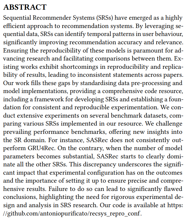 _reachsumit's tweet photo. A Reproducible Analysis of Sequential Recommender Systems

Addresses reproducibility issues for Sequential Recommender Systems and challenges existing benchmarks, revealing several surprising insights about model performance.

📝https://t.co/5cZYQfpcTX
👨🏽‍💻https://t.co/Q0yvIKZN8Z https://t.co/aiSnUVLGJH