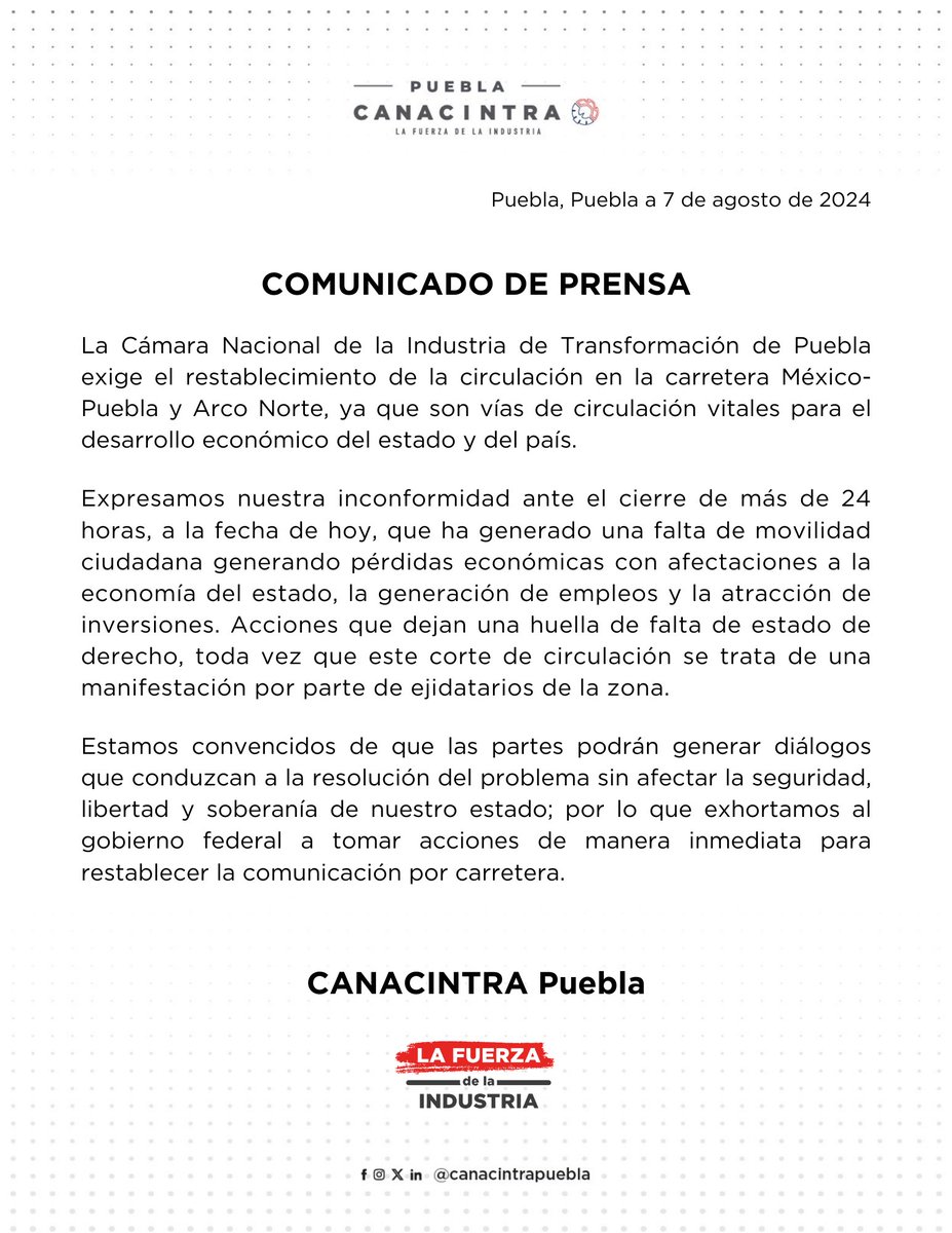 Joselmoctezuma's tweet photo. 📄 @canacintrap exige a través de un comunicado al gobierno federal establecer una solución al cierre de las carreteras federales México-Puebla y Arco Norte.

#Sinsolución 
#Puebla https://t.co/ezvbm6DWHy