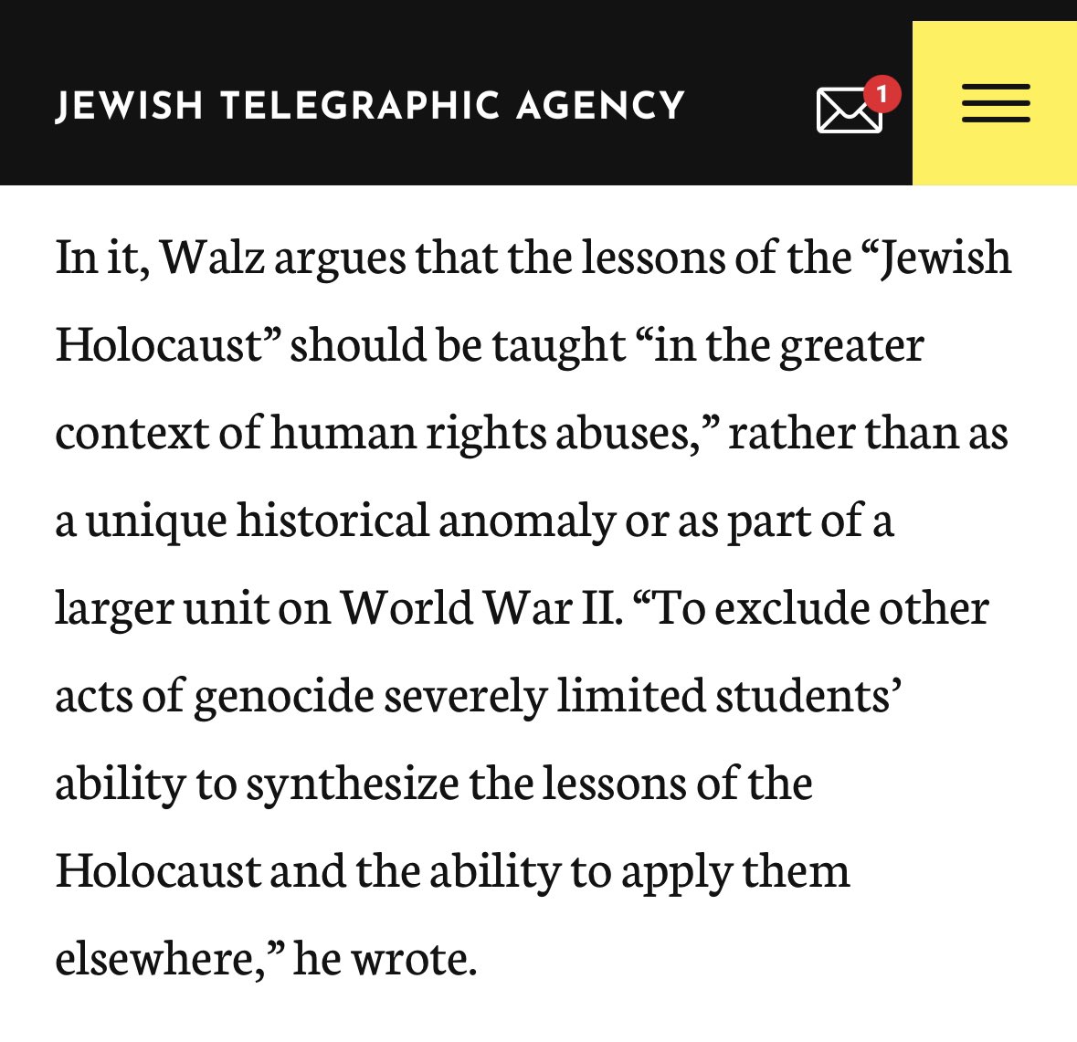 MarinaMedvin's tweet photo. Kamala Harris’ VP pick Tim Walz downplayed the uniqueness and gruesomeness of the Holocaust.

I don’t need a reason to detest him more. But here we are.

And no, there is no comparable event to the extermination camps and techniques. Nothing. And hopefully never will be. That’s the point of proper Holocaust education — never again.

2 out of every 3 European Jews were exterminated by 1945. More than 60% of the world’s Jewish population was wiped out. In 2024, Jews still number below their pre-Holocaust population. That’s 6 million “in the greater context.”