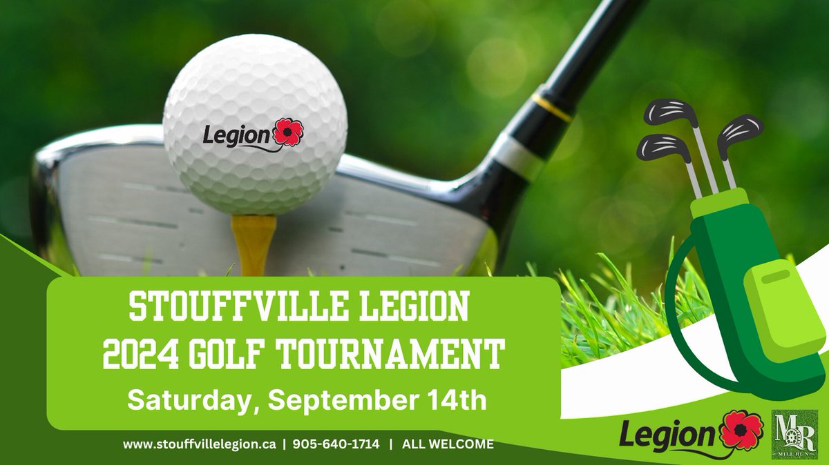 Stouffville Legion 2024 Golf Tournament
When:  Saturday, September 14th
Where:  Mill Run Highlands Course (18 holes)
$100 Per person - ALL WELCOME
Payable before Tuesday, September 4, 2024
Sign up/ Pay in the Legion Clubroom
Golf + Cart + Prizes
stouffvillelegion.ca