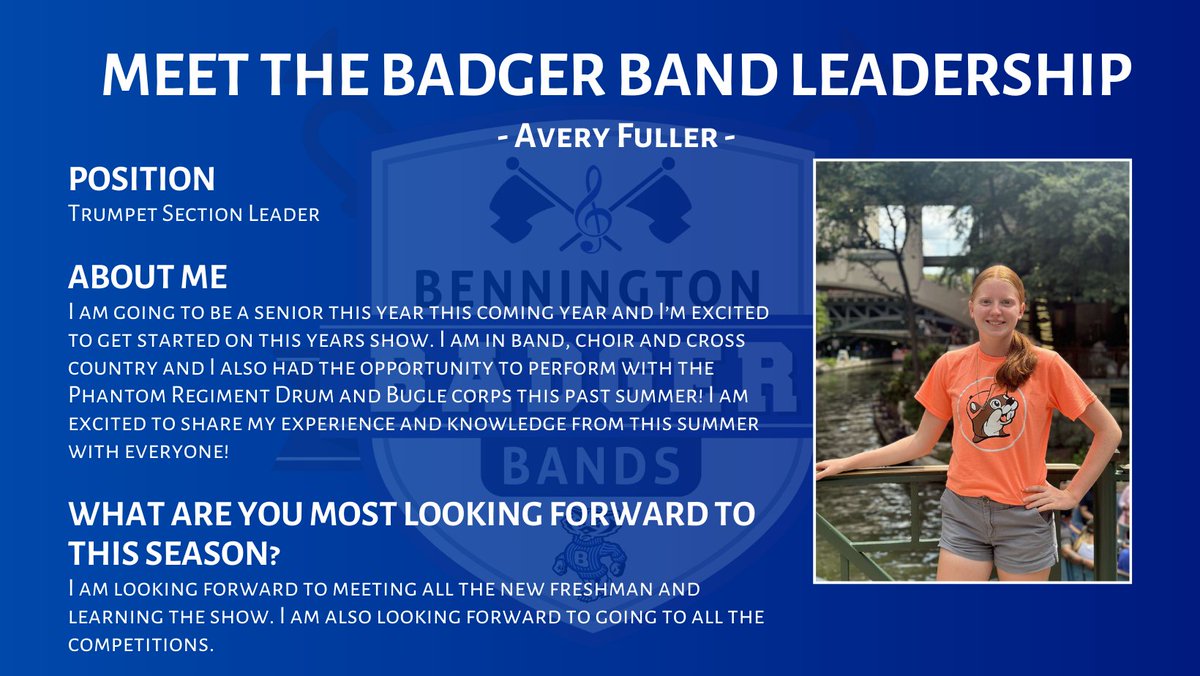 badgerbands's tweet photo. Meet the Badger Band Leadership Team!
We will continue to feature members on the leadership team as we approach our exhibition performance at the end of band camp.
Today we begin by featuring our very own Avery Fuller!
@WeRBennington #WeAreBPS https://t.co/5N7wrO3RcP