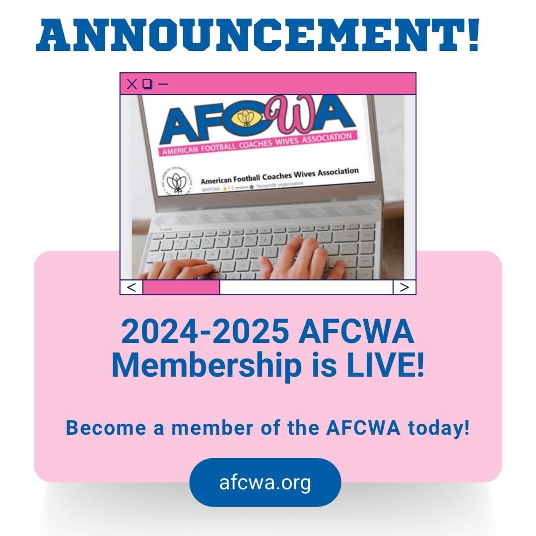 📣  What does it mean to be a member of AFCWA? 
➡️Be a part of our mission to provide camaraderie, support, education and service to wives of American football coaches. 
➡️Make connections with other coaches wives from all levels of football all over the U.S.!