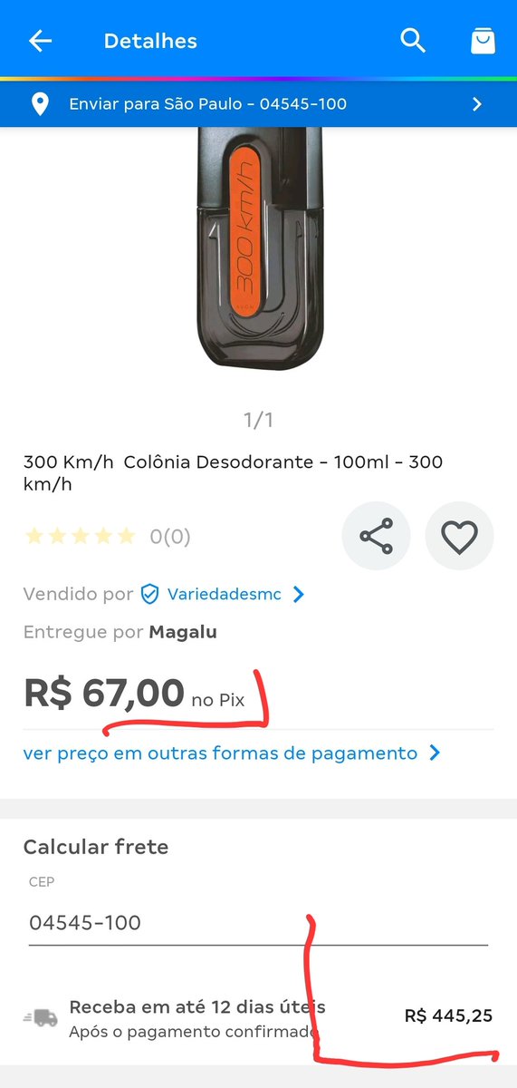 jhones_sam's tweet photo. Boa noite, será que isso está certo mesmo @magalu? Esse anúncio dentro do app já está a muito tempo o produto sai a 67,00 reais e o frete dentro da região de São Paulo por 445,25? https://t.co/eEdqelHqfJ