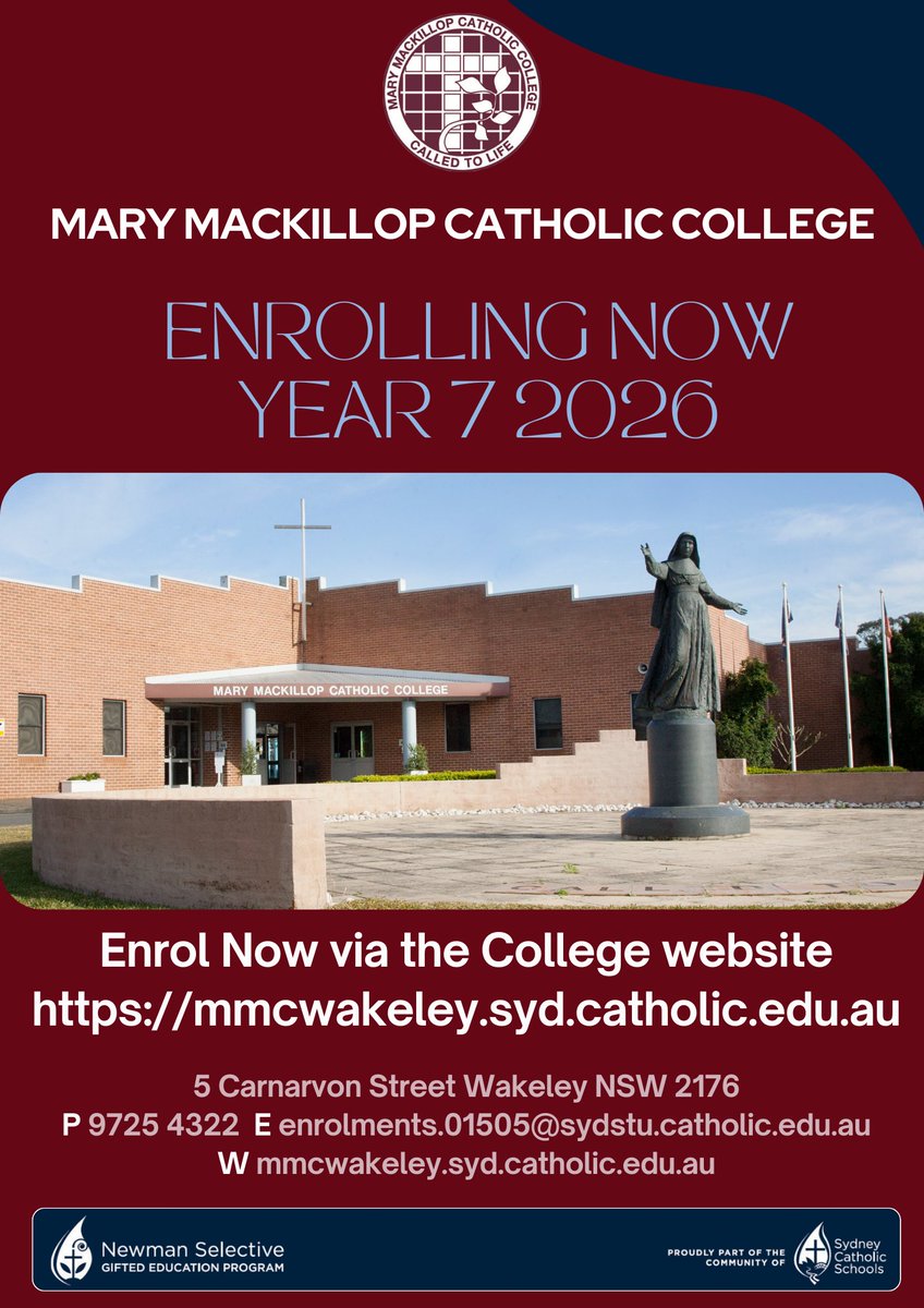 MMCC Enrolling Now Year 7, 2026
If you have a daughter, who is currently in Year 5, we are accepting enrolment applications for students starting Year 7 in 2026. Click on the link below, and it will take you to the College website enrolment tab:
mmcwakeley.syd.catholic.edu.au/enrolment/enro…