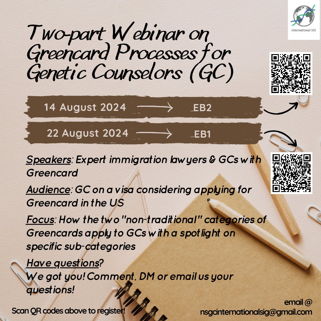 ISIG is excited to host a two-part webinar on Greencard processing! 
 
Register using the QR codes or links: 

August 14: smithbucklin.zoom.us/webinar/regist…

August 22: smithbucklin.zoom.us/webinar/regist…

#ISIG #geneticcounselor #greencard