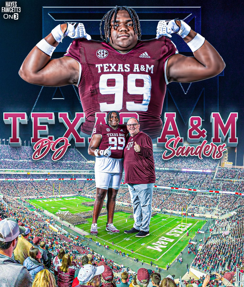 BREAKING: Four-Star DL DJ Sanders has Committed to Texas A&amp;M, he tells me for @on3recruits

The 6’3 315 DL from Bellville, TX chose the Aggies over Texas &amp; Michigan 

Ranked as a Top 75 Recruit (No. 6 DL) per On3

“Gig Em Baby”

on3.com/db/dj-sanders-…