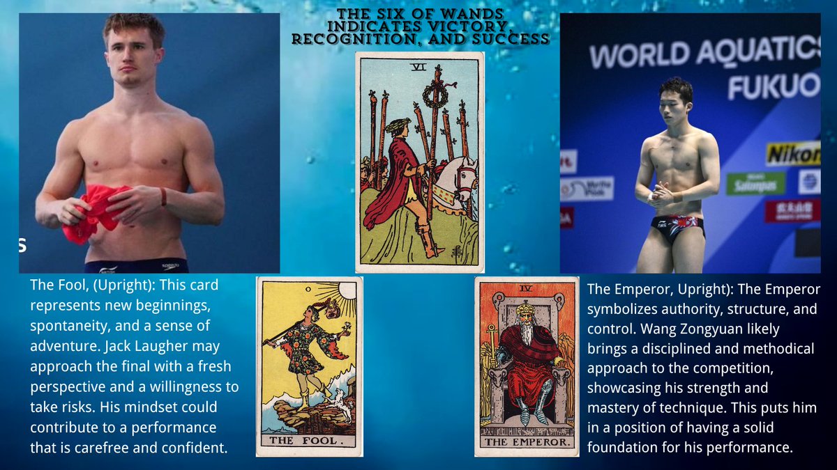 TaroTellerlove's tweet photo. Who is going to win? Great question.
#JackLaugher or #WangZongyuan #王宗源
The Tarot has draw cards for each of them.
The Fool and The Emperor. Details here ↓
https://t.co/kB3WG5FAsG
#tarot #Diving #OlympicGames #youngbody https://t.co/TGJeVaZ7MN