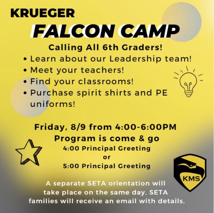 Incoming 6th grade families join us at Falcon Camp on Friday! Schedules will be available on Fri in Skyward.
