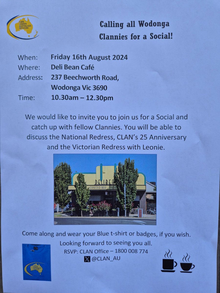 CLAN_AU's tweet photo. Calling our country Clannies to a social in #Wodonga 
16th August at Deli Bean Cafe 10.30 to 12.30 
Lets yak abt National #Redress, Victorian Redress &amp; our exciting 25th Anniversary 🎉 coming up next July 2025 

And anything else you wish to discuss 

💛💙💛💙💛💙💛💙💛💙 https://t.co/MYr2kQ82kJ