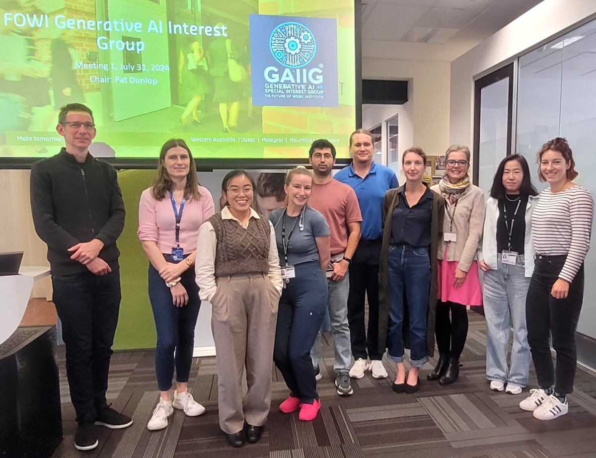 Future of Work Institute (@curtin_fowi) on Twitter photo We are excited to kick off our Generative AI Special Interest Group (GAIIG)! Initiated by our Prof <a href="/PersonalityPat/">Patrick Dunlop</a>, our staff members engaged in stimulating discussions on the current and potential capabilities of AI. We are excited to kick off our Generative AI Special Interest Group (GAIIG)! Initiated by our Prof <a href="/PersonalityPat/">Patrick Dunlop</a>, our staff members engaged in stimulating discussions on the current and potential capabilities of AI.