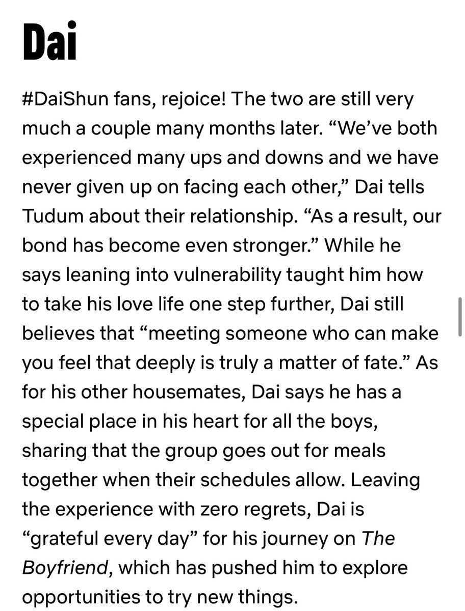 Shun: Meeting Dai changed my entire perspective on love.

Dai: Meeting someone who can make you feel that deeply is truly a matter of fate.

#DaiShun #theboyfriend