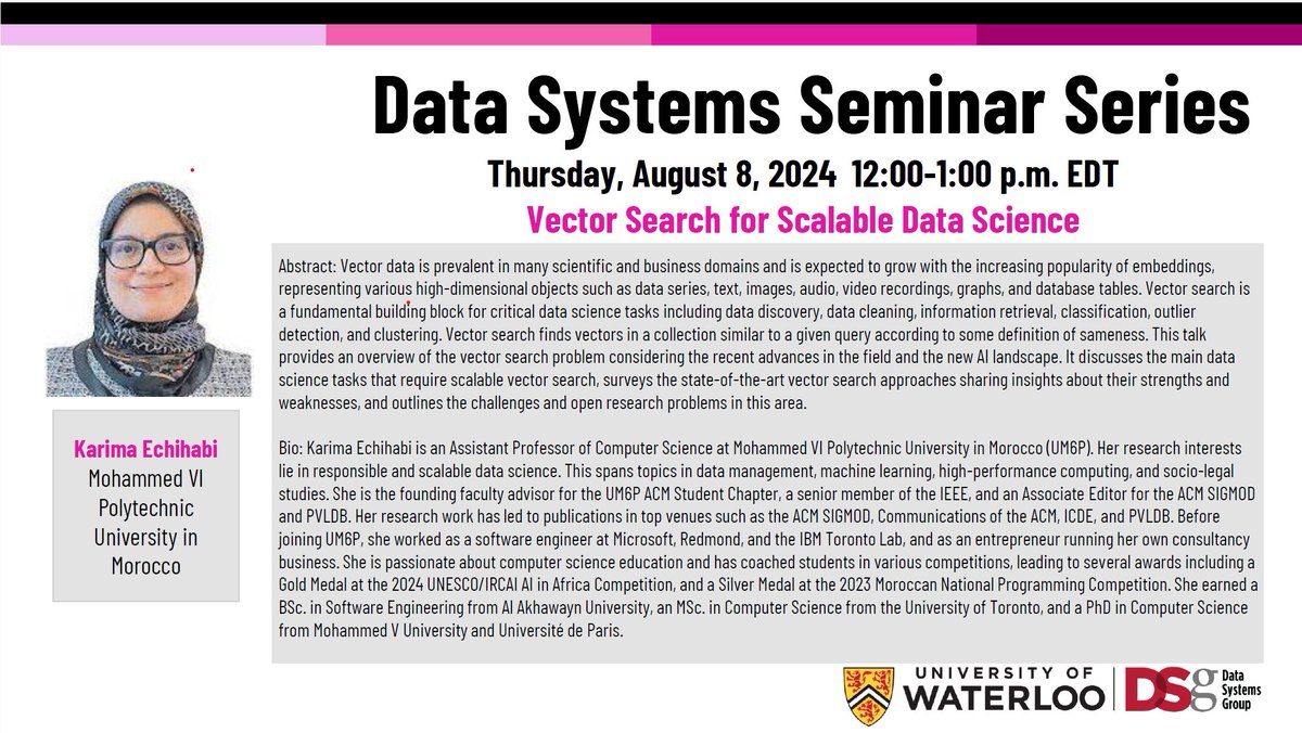 Data Systems Group @ University of Waterloo (@dsg_uwaterloo) on Twitter photo Looking forward to our next upcoming Data Systems Seminar <a href="/dsg_uwaterloo/">Data Systems Group @ University of Waterloo</a> by Karima Echihabi! Looking forward to our next upcoming Data Systems Seminar <a href="/dsg_uwaterloo/">Data Systems Group @ University of Waterloo</a> by Karima Echihabi!