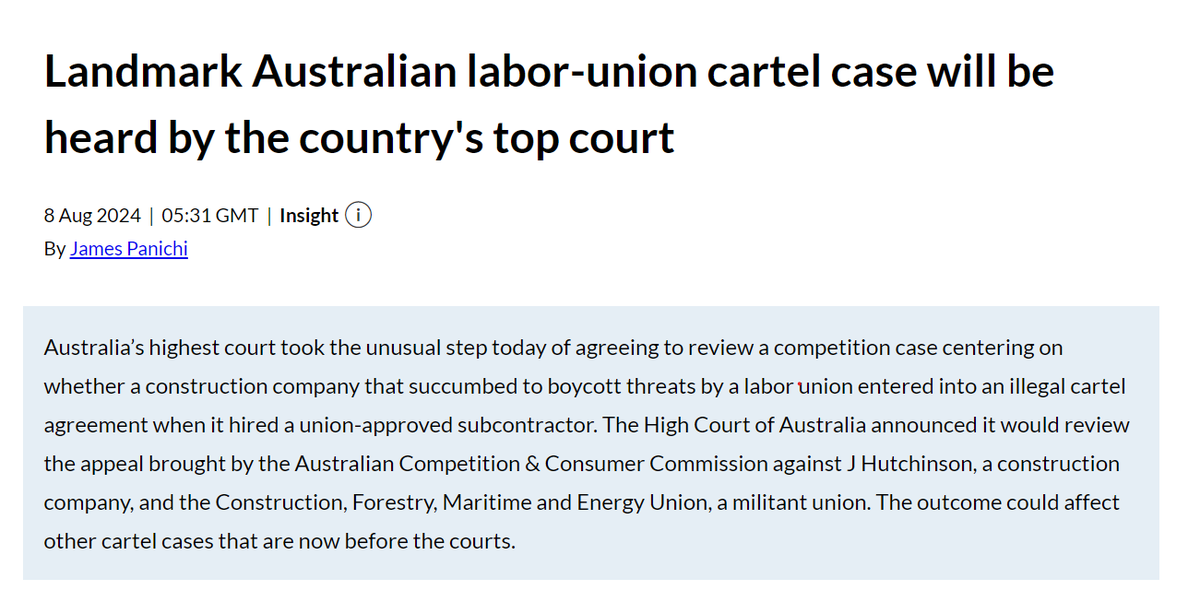 Huge news in Australia: a High Court review of whether a militant union's boycott of non-unionized contractors amounts to a cartel. The same appeal will also iron out questions on "attempting to induce" into a cartel.  <a href="/mlexclusive/">MLex</a> <a href="/ryan_cropp/">Ryan Cropp</a> <a href="/saloni_sinha19/">Saloni Sinha</a> #antitrust