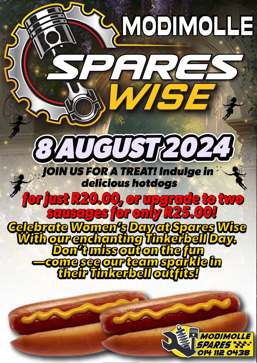 modimollespares's tweet photo. Grab a tasty hotdog for just R20.00, or upgrade to two sausages for only R25.00! 🌭😋🩷

Celebrate Women’s Day at Spares Wise with our ✨enchanting✨ Tinkerbell Day.
Don’t miss out on the fun—come see our team sparkle in their Tinkerbell outfits!

T's &amp; C's Apply.

#WomensDay https://t.co/JaCp58U3ce
