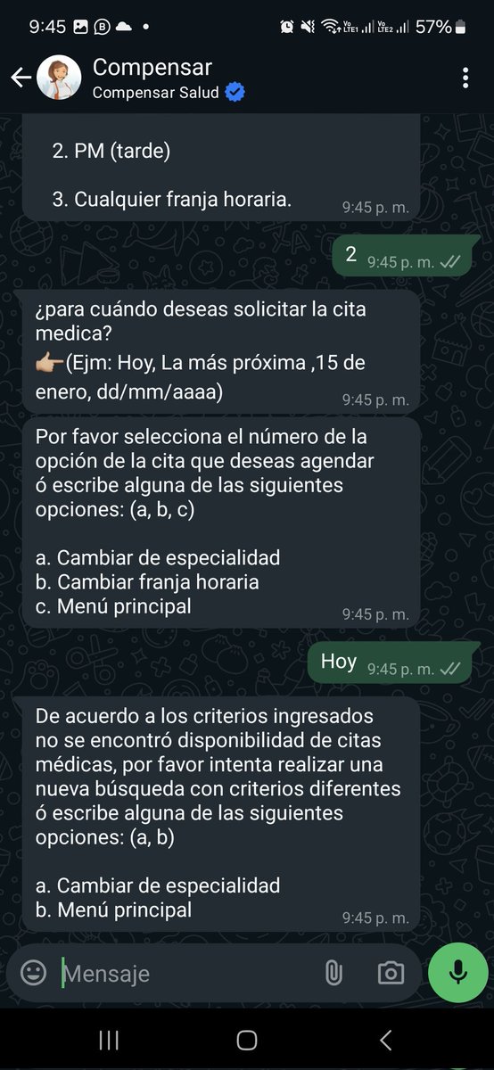 riostamaye's tweet photo. Semanas tratando de sacar cita  medica en la central de citas de WhatsApp de @Compensar_info  y es una  perdedera de tiempo, se nota lo mal creado el chat bot. Si voy a pedir la cita vía telefónica,  la llamada se corta... Según Compensar en octubre cierran citas por teléfono https://t.co/5SYHeGNagj
