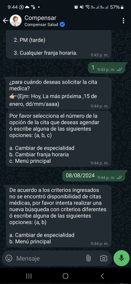 riostamaye's tweet photo. Semanas tratando de sacar cita  medica en la central de citas de WhatsApp de @Compensar_info  y es una  perdedera de tiempo, se nota lo mal creado el chat bot. Si voy a pedir la cita vía telefónica,  la llamada se corta... Según Compensar en octubre cierran citas por teléfono https://t.co/5SYHeGNagj