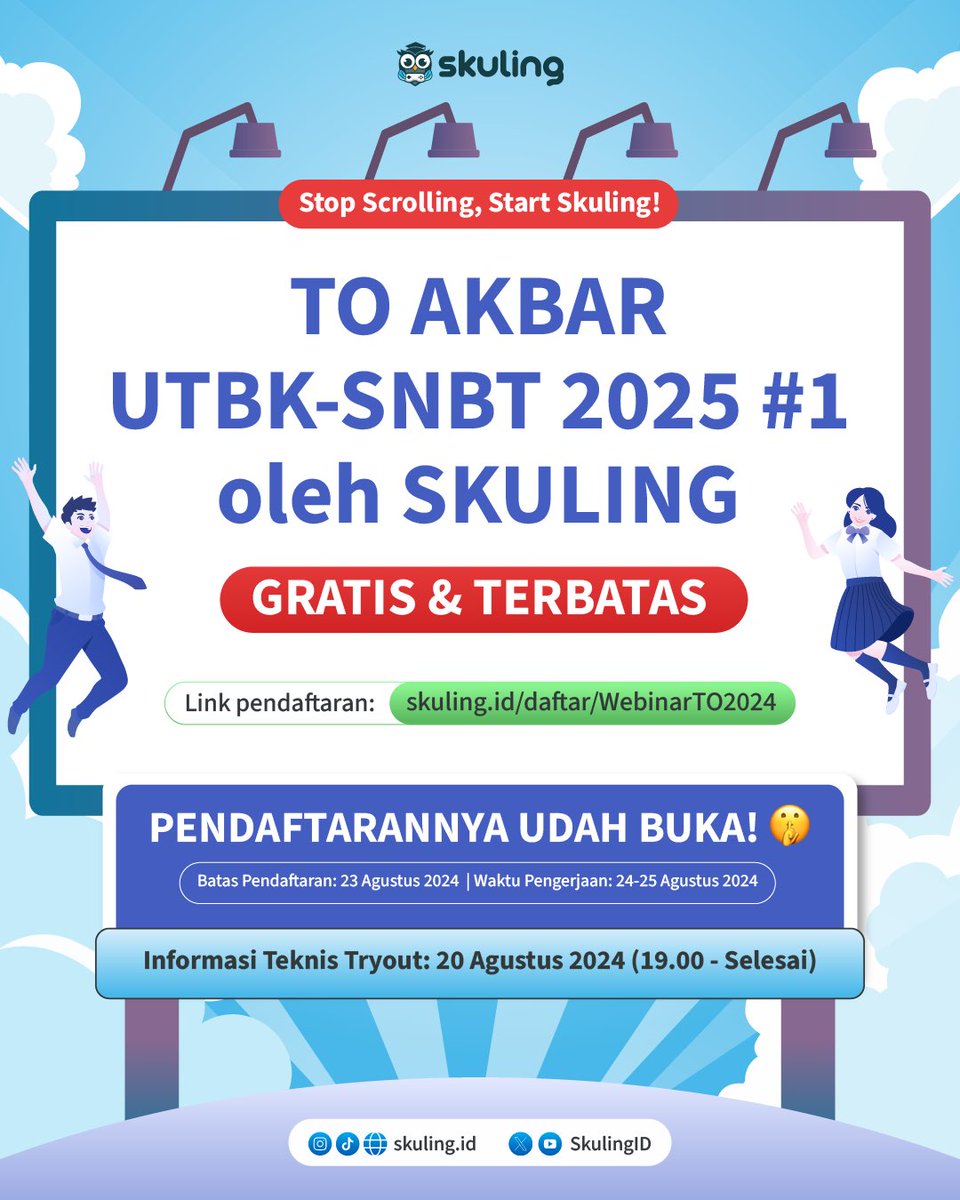 SkulingID's tweet image. 📢 INFO TRYOUT UTBK AKBAR GRATIS 📢

Kamu kelas 12, gap year, ataupun semi gap year ambis PTN 2025? We're here for you!!!

Gak cuma TO gratis, tapi kamu juga bakalan dapet Skuling PRO 7 hari, lho! 🤩

Lainnya: 
✅ Paket soal HOTS
✅ Skoring IRT with AI
✅ Leaderboard

#studytwt…