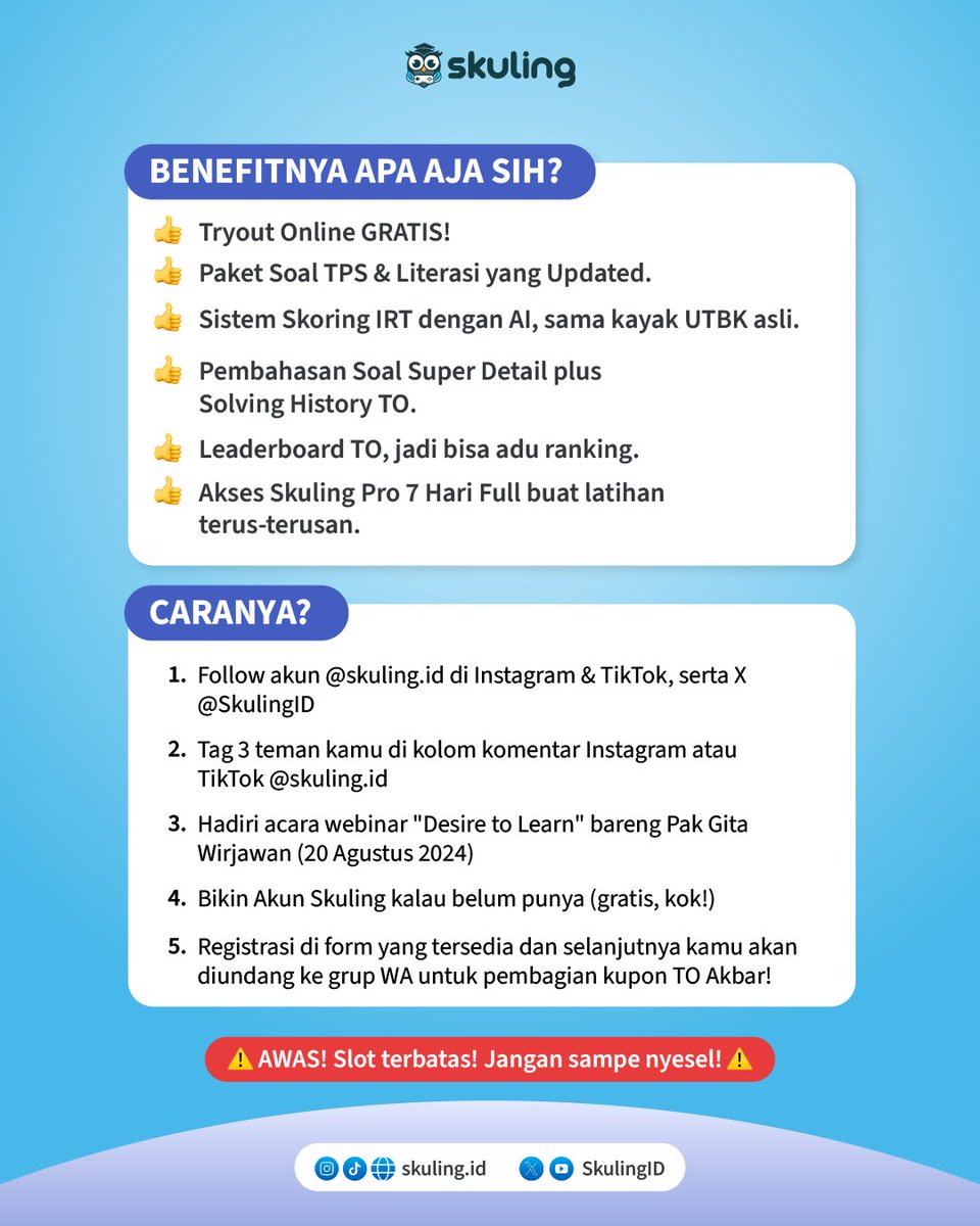 SkulingID's tweet image. 📢 INFO TRYOUT UTBK AKBAR GRATIS 📢

Kamu kelas 12, gap year, ataupun semi gap year ambis PTN 2025? We're here for you!!!

Gak cuma TO gratis, tapi kamu juga bakalan dapet Skuling PRO 7 hari, lho! 🤩

Lainnya: 
✅ Paket soal HOTS
✅ Skoring IRT with AI
✅ Leaderboard

#studytwt…