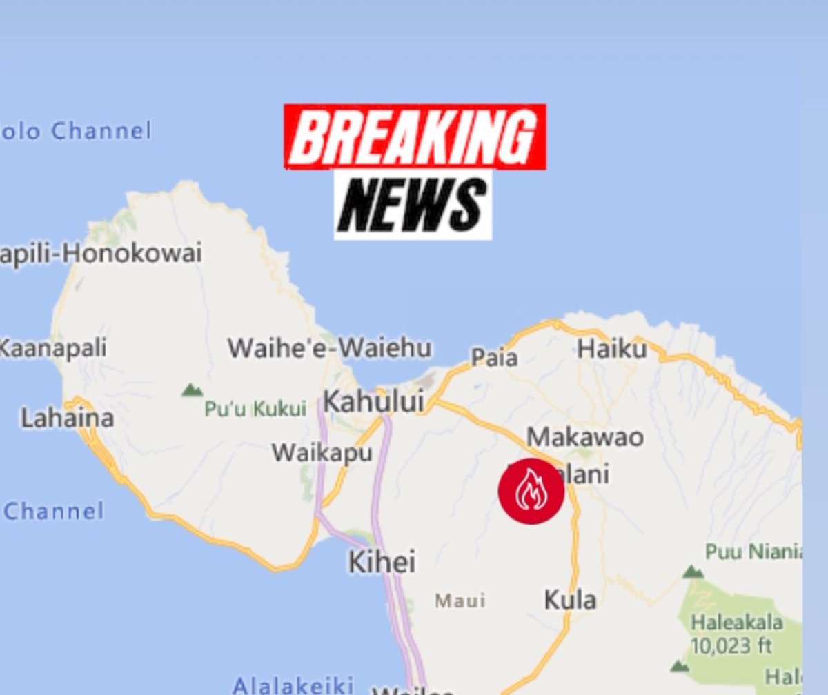 island985fm's tweet photo. BREAKING: Wildfire reported in Pukalani, Maui. Reports that homes in the area are being impacted. Evacuation order issued for Akalani Loop and Kalialani Circle. Evacuees directed to Pukalani Community Center. 
#island985 #hawaiinews #breakingnews #iheartradio #iheartradiohawaii https://t.co/5pbpMm5dTk