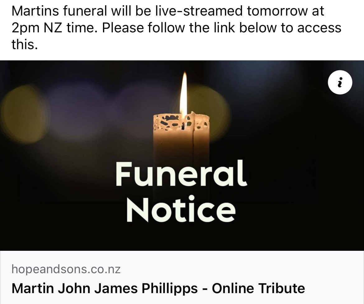 TheChills's tweet photo. Martins funeral will be live-streamed tomorrow Friday 9 August at 2pm NZ time. This link will connect you to the live stream. https://t.co/gePOODI5mU https://t.co/fq1sgxBsS9