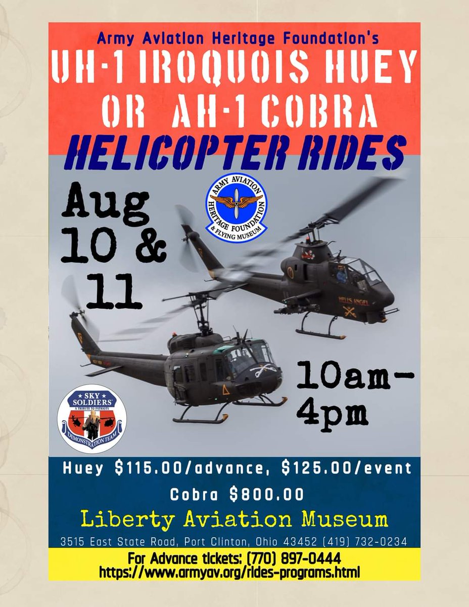 This weekend <a href="/LibertyAvMuseum/">Liberty Aviation Museum</a> <a href="/TinGooseDiner/">Tin Goose Diner</a> AAHF's UH-1 Iroquois "Huey" &amp; AH-1 Cobra Vintage Helicopter Rides Aug 10 &amp; 11! Advance tickets armyav.org &amp; Click on Book a Ride! Questions 419-732-0234 #avgeek #Aviation #ohioexplored #lakeerielove