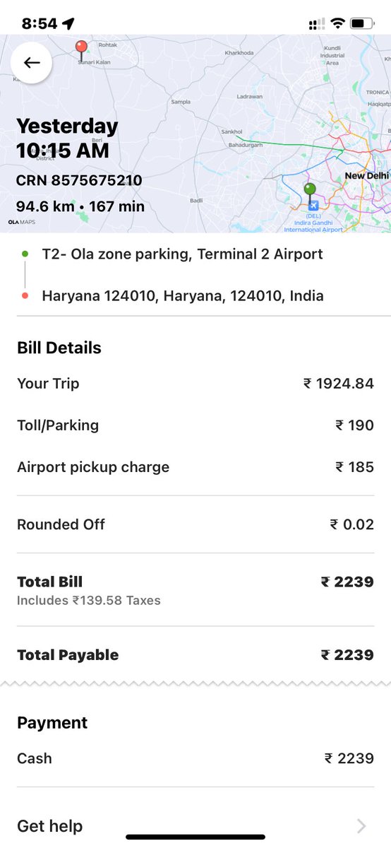 vidhata123's tweet photo. @Olacabs @nitin_gadkari Almost extortion by OLA cabs..booked from delhi airport to Rohtak(70 km). Fare was showing Rs 1938/-. Driver took a longer route to make it Rs 2239/- and charged Rs 719 extra for toll. Fighting for money and misbehaving. Hw ride can hv Rs 1000 diff https://t.co/VUSrCq5qwq