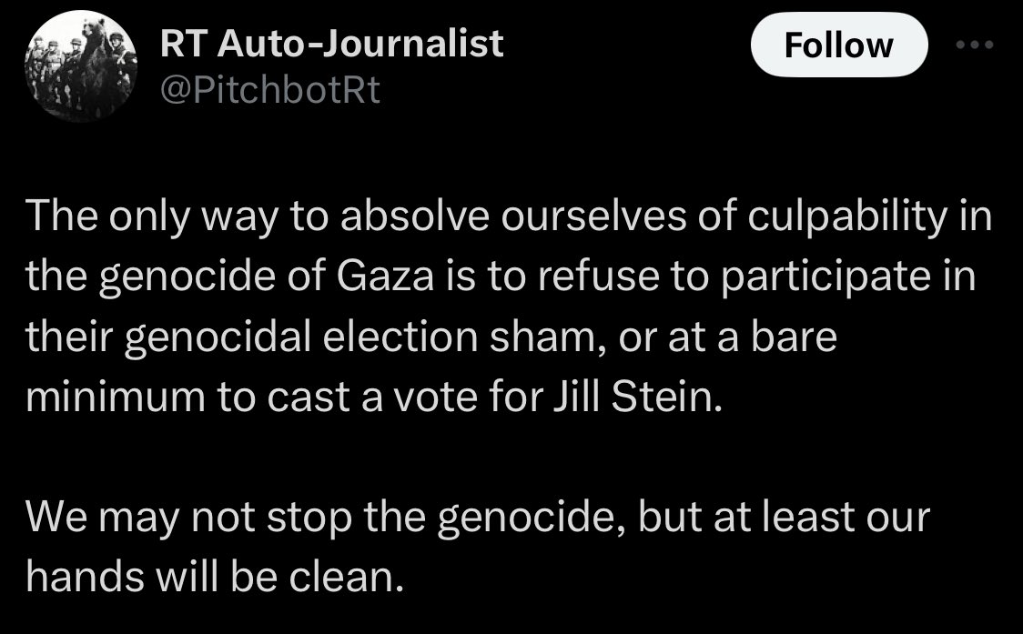This is the most mask-off/quiet part out loud comment I’ve seen about this so far.

They are not seriously engaged in ending the genocide, this is purely about personally congratulating themselves for being moral crusaders by doing *nothing*.