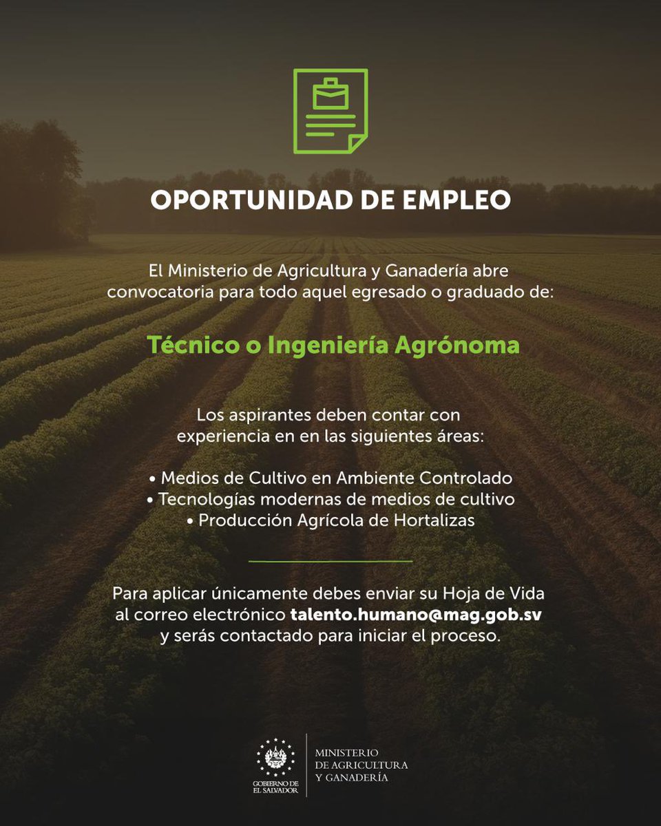 oscardomsv's tweet photo. Necesitamos agrónomos especialistas en hortalizas 🧑🏽‍🌾👩🏻‍🌾👨🏽‍🌾

Un requisito indispensable: que quiera ver un nuevo El Salvador avanzar en la agricultura 🇸🇻 https://t.co/74E5YfCK1M