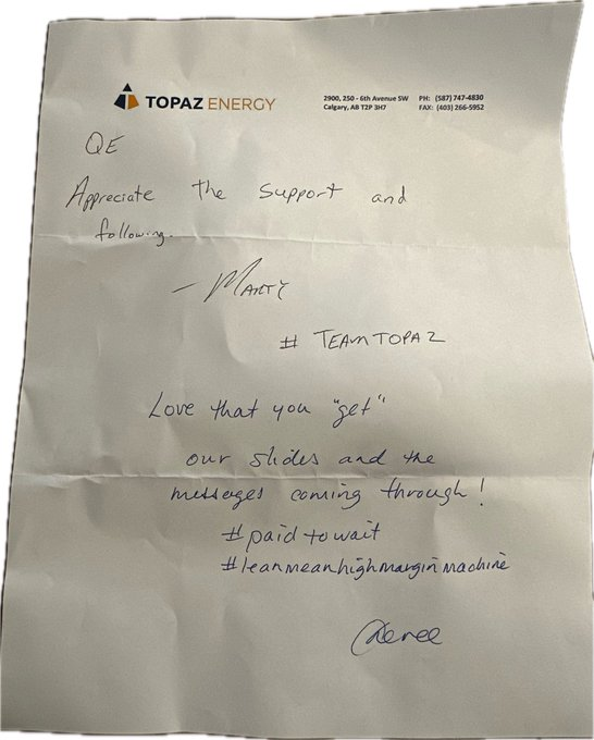 BubleQe's tweet photo. Something to share from one of my fav portfolio holds: Topaz Energy / $TPZ.TO, a hybrid Infrastructure & Royalty co.
Mug, Hat & a great letter from Marty & Cheree.
True touch of class from $TPZ, very thoughtful, kind, fun & appreciated.
Thank you :) ๐
#TeamTopaz ! https://t.co/7UHFiHHS7p