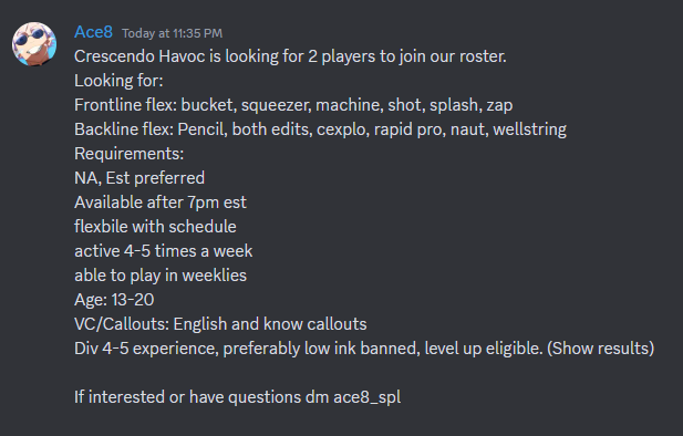 CrescendoHavoc's tweet photo. looking for 2 players to join our roster, dm ace8_spl on discord, RT and likes are appreciated https://t.co/bCMgOqVd60