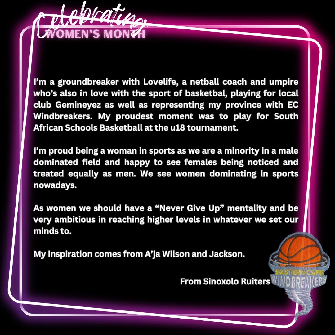ec_windbreakers's tweet photo. Day 8 of 31: As we celebrate 💐 #WomansMonth with Sinoxolo Ruiters who loves sports and have a Never Give Up mentality #ecwindbreakers🌪️ #basketball #womeninsport #ballislife 💯♥️ https://t.co/vYMZH56dnV