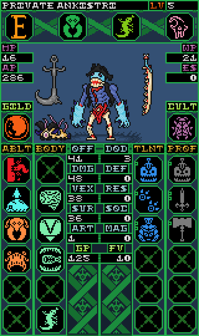 WesleysBox's tweet photo. >>Private Ankistri;
"Ankistri is one of the Parasytes, a hivemind of grub-like creatures that use carcass-made hosts for the sake of gestation and information assimilation. A division between their God-like leader resulted in some becoming sea-fairing."
#OC #pixelart https://t.co/OOr1PFT88u