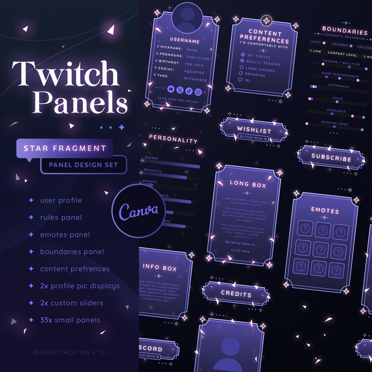AssetShop_'s tweet photo. ◤ 𝐒𝐭𝐚𝐫 𝐅𝐫𝐚𝐠𝐦𝐞𝐧𝐭 𝐏𝐚𝐧𝐞𝐥 𝐃𝐞𝐬𝐢𝐠𝐧 𝐒𝐞𝐭 ◢ 
┊✦ For Twitch &amp; YouTube Streamers
┊✦ In Star Field Theme!
┊✦ Canva + .PSD  

  + 𝐆𝐢𝐯𝐞𝐚𝐰𝐚𝐲
┊⤷ 𝐓𝐨 𝐄𝐧𝐭𝐞𝐫: Follow, 💜, and ⟲ 
┊⤷ 𝟑𝐱 𝐖𝐢𝐧𝐧𝐞𝐫𝐬 𝐀𝐧𝐧𝐨𝐮𝐧𝐜𝐞𝐝 𝗔𝘂𝗴 𝟵𝘁𝗵 https://t.co/irVagMOB4a