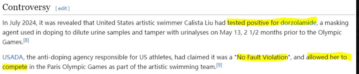 Una de las componentes del equipo de Estados Unidos que nos robó la medalla de plata en natación sincronizada, Calista Liu, dio positivo en dorzolamida en mayo.

Ha participado igualmente porque la Agencia Anti-dopaje de EE.UU. dijo que no pasaba nada.