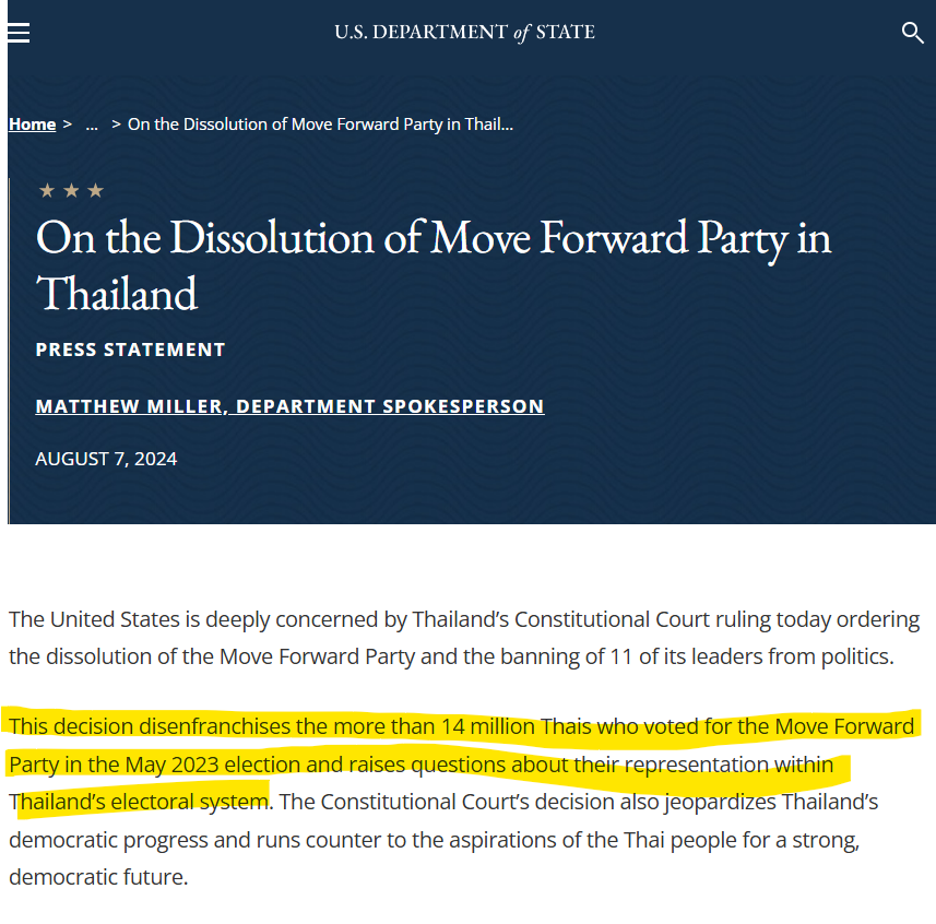 ความเห็นต่อการ #ยุบก้าวไกล ฝั่งอเมริกา ทั้งรบ. #สหรัฐฯ + #แคนาดา คล้ายกัน มองว่าเป็นการ “พรากสิทธิทางการเมือง” #disenfranchisement ของ 14 ล้านคนที่เลือกพรรคก้าวไกล “This decision disenfranchises the more than 14 million Thais who voted for the Move Forward Party”

เช่นเดียวกับ