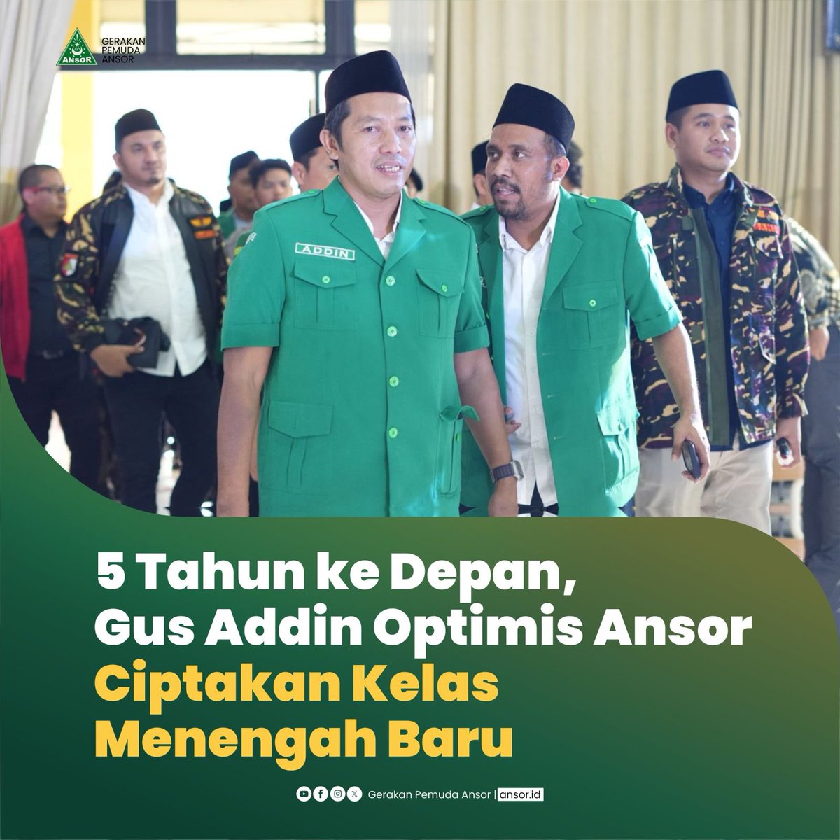 Ketum PP GP Ansor Gus <a href="/Adinjauharudin/">Addin Jauharudin</a> menegaskan bahwa Ansor dalam 5 tahun ke depan akan lebih fokus pada pembangunan kader. Mengingat selama lima tahun mendatang, negara akan menghadapi situasi politik yang stabil. Ini merupakan kesempatan emas bagi generasi muda dan sahabat