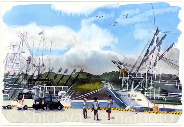 コの字岸壁 #サンマ船 #気仙沼漁港 #気仙沼 #水彩画 #watercolour