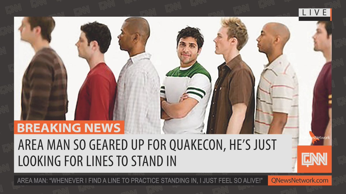 QNewsNetwork's tweet photo. Area man so geared up for QuakeCon, he's just looking for lines to stand in. Read More >> https://t.co/g5NCLkYZhS #quakecon #qnn #lanallnight #lan #qnewsnetwork #dreamhack #pax #lanfest #onlyLANs @quakecon @lanallnight @lanfestgames https://t.co/1cEsY0wp0I