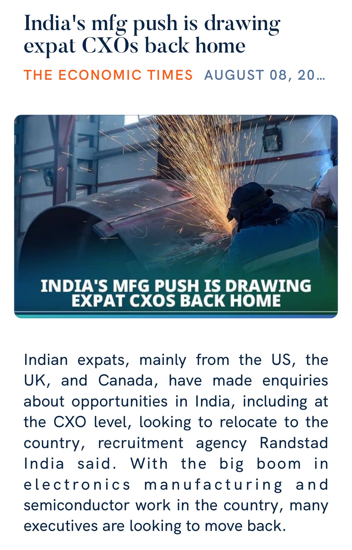 Dr. Anil Jain on X: &ldquo;India&rsquo;s mfg push is drawing expat CXOs back 